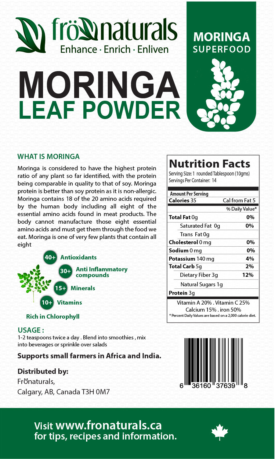 Superfood Moringa Leaf Powder 100% Pure - Gluten Free
