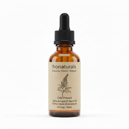 A 30ml amber glass dropper bottle of fronaturals Cold Pressed 100% Amaranth Seed Oil, featuring a beige label with a black dropper cap, set against a plain white background.