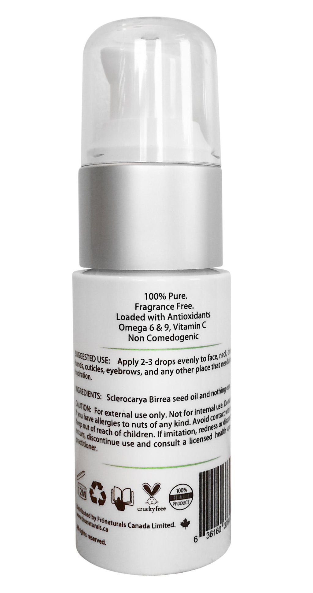 Back of the Marula Oil pump bottle showing ingredients, directions, precautions, and barcode.”