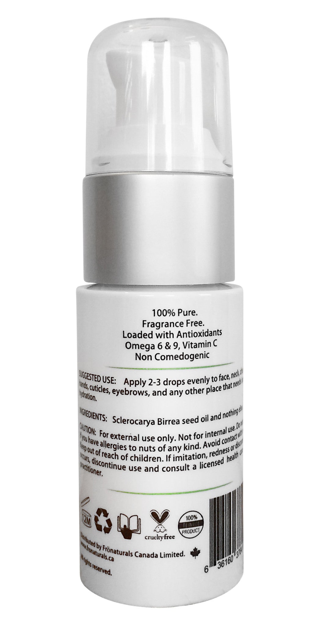Back of the Marula Oil pump bottle showing ingredients, directions, precautions, and barcode.”