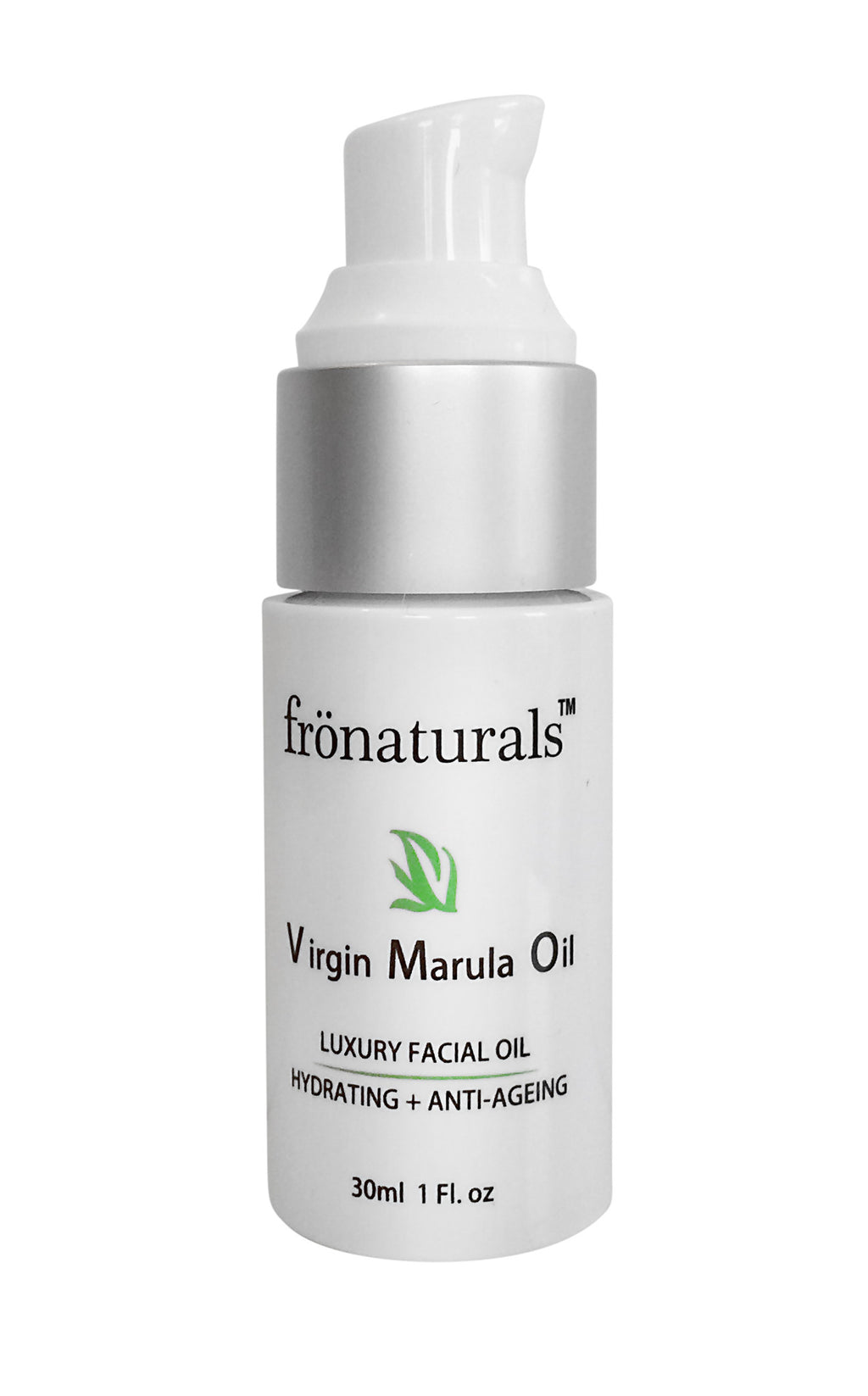 Front view of Fronaturals Virgin Marula Oil in a white 30 ml pump bottle.”