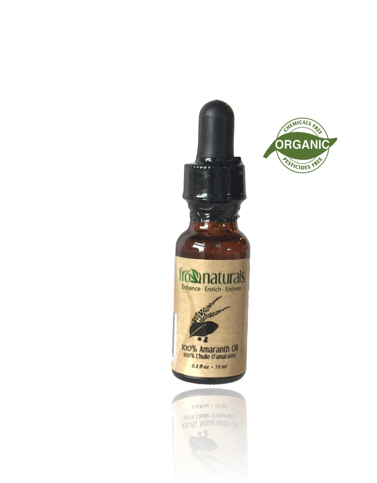 “Fronaturals cold-pressed Amaranth Seed Oil in a 30 ml amber dropper bottle.”