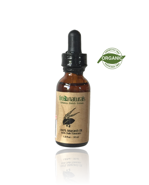 “Fronaturals cold-pressed Amaranth Seed Oil in a 30 ml amber dropper bottle.”