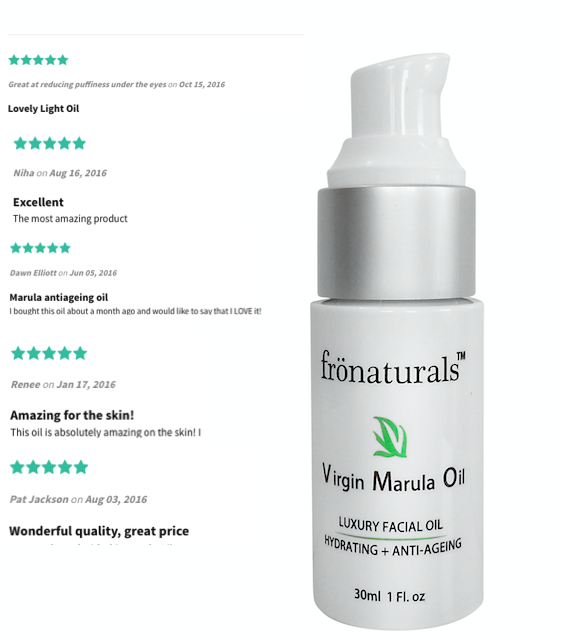 Fronaturals Marula Oil pump bottle beside five customer review excerpts with five-star ratings.”